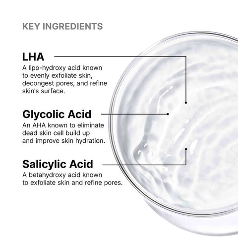 Key ingredients of SkinCeuticals LHA Toner with LHA, Glycolic Acid, and Salicylic Acid labeled.