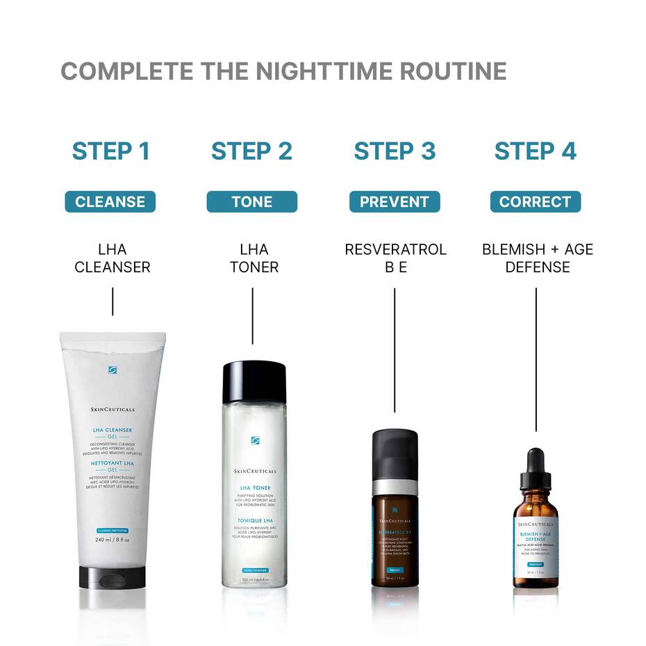 Step-by-step nightime skincare routine with products on a white background including SkinCeuticals LHA Toner.