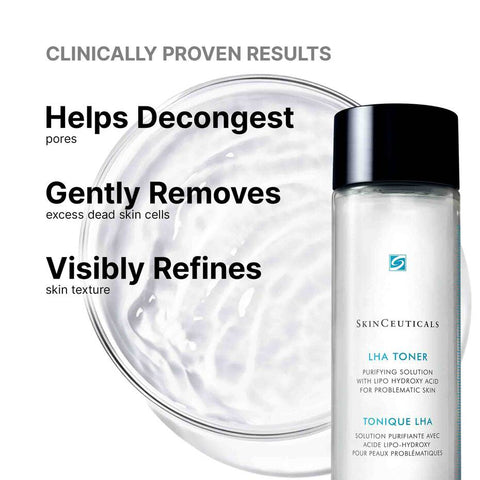 SkinCeuticals LHA Toner bottle shown next to a large glass bowl of clear, wrinkle-textured serum, with marketing text on a white background.