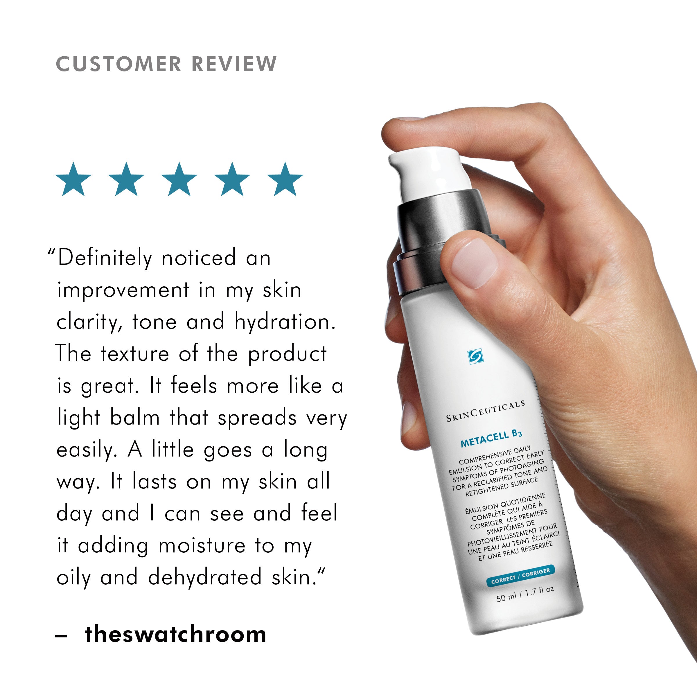 Hand holding a SkinCeuticals Metacell Renewal B3 with a five-star rating review on a white background