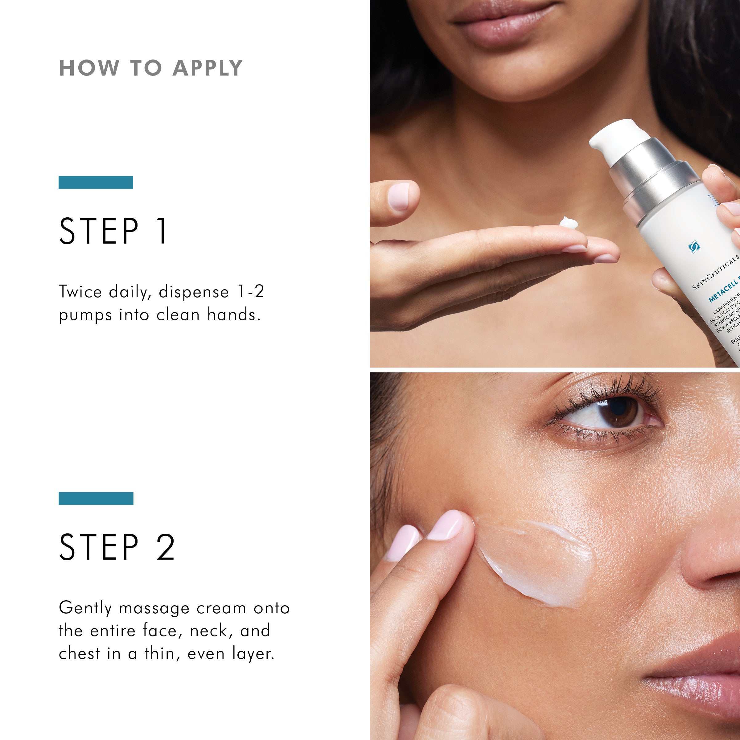 Instructions on how to apply SkinCeuticals Metacell Renewal B3 with close-up shots of application.