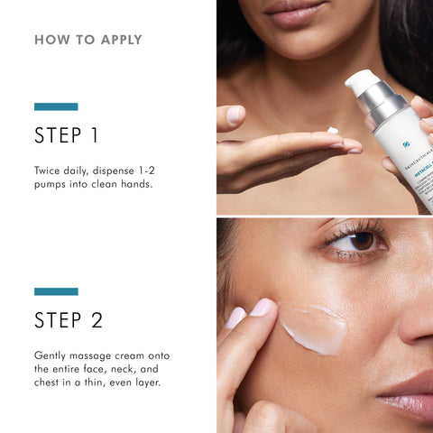 Instructions on how to apply SkinCeuticals Metacell Renewal B3 with close-up shots of application.