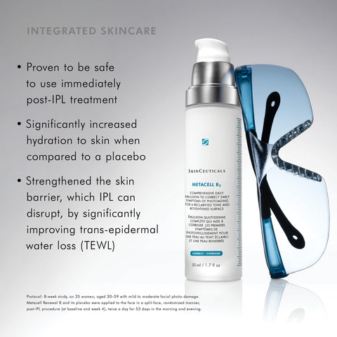 SkinCeuticals Metacell Renewal B3 bottle with a pump dispenser, shown alongside a blue and silver protective shield on a light gray gradient background with promotional text on the left.