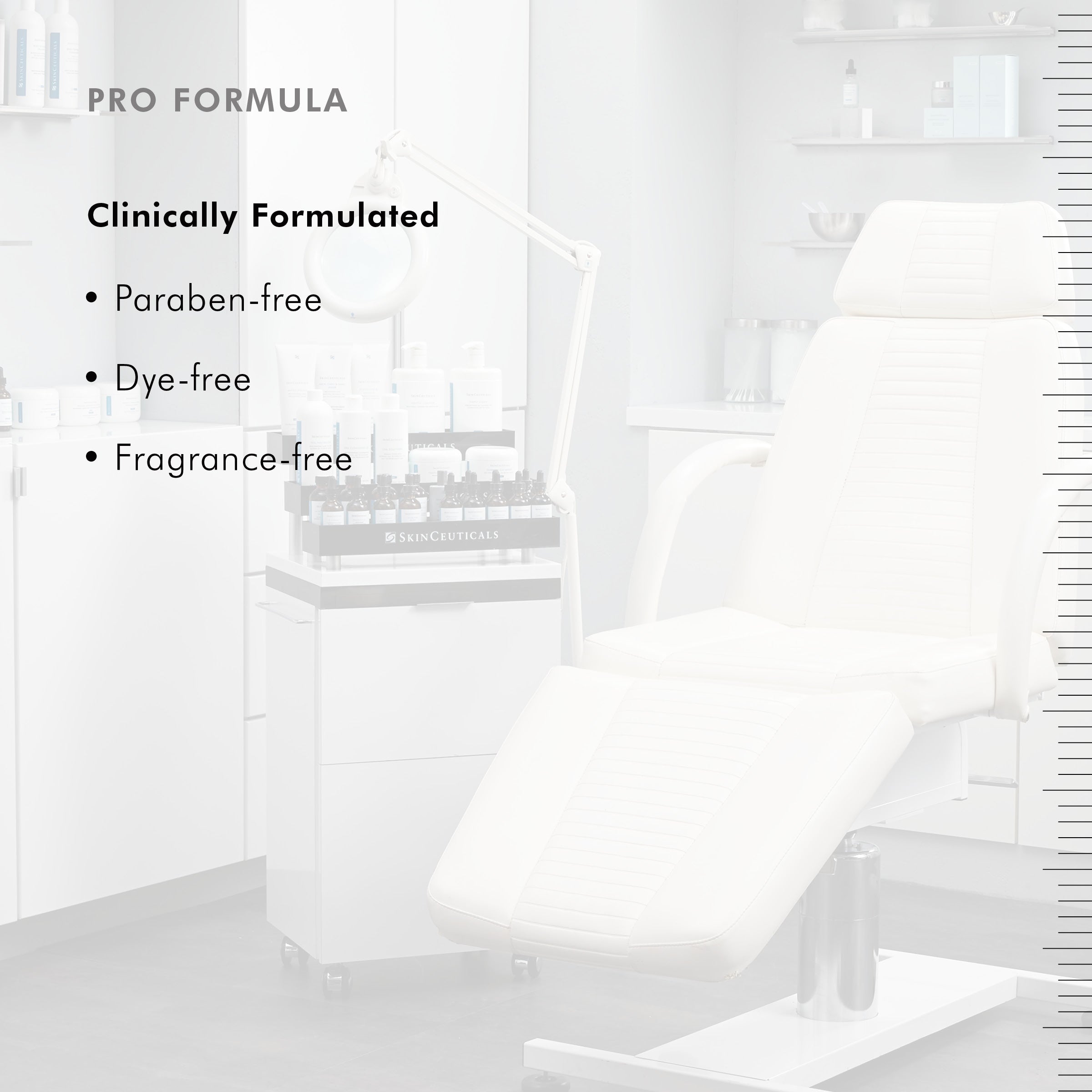 White chair with text highlighting 'Pro Formula' and product features in a clinical setting of SkinCeuticals Metacell Renewal B3.