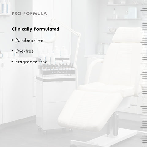 White chair with text highlighting 'Pro Formula' and product features in a clinical setting of SkinCeuticals Metacell Renewal B3.