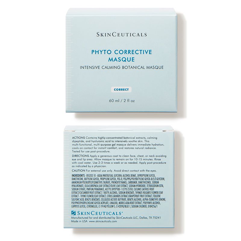 SkinCeuticals Phyto Corrective Masque product packaging showing the front and back of the light blue box on a white background.