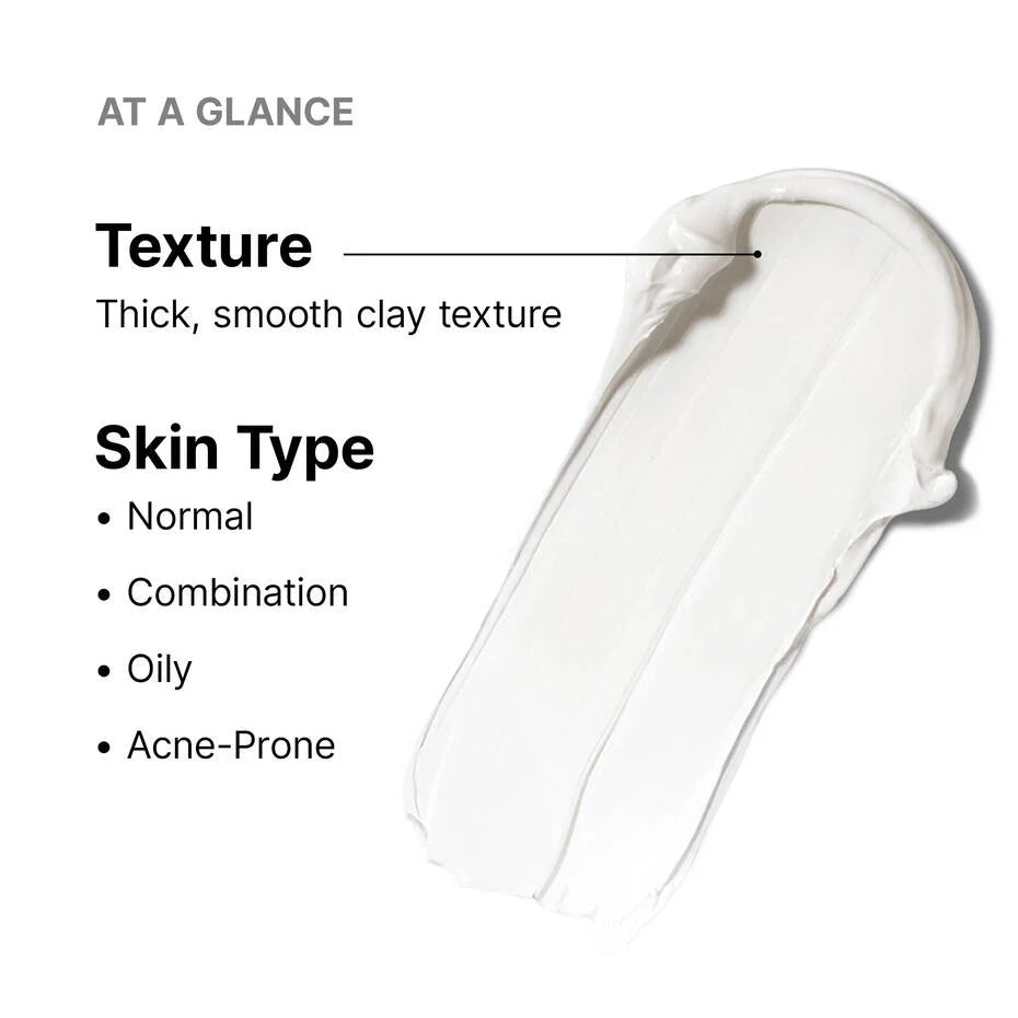 SkinCeuticals Clarifying Clay Masque swatch with text on skin type compatibility