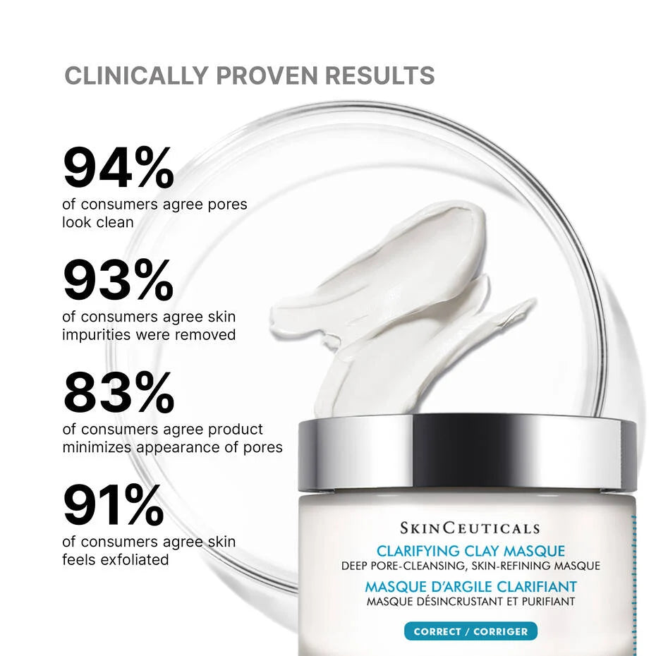 SkinCeuticals Clarifying Clay Masque jar shown on a white background with marketing text highlighting clinically proven results about pore clarity and skin improvement.