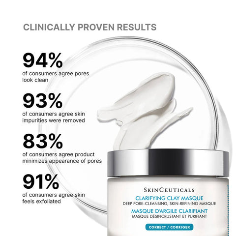 SkinCeuticals Clarifying Clay Masque jar shown on a white background with marketing text highlighting clinically proven results about pore clarity and skin improvement.