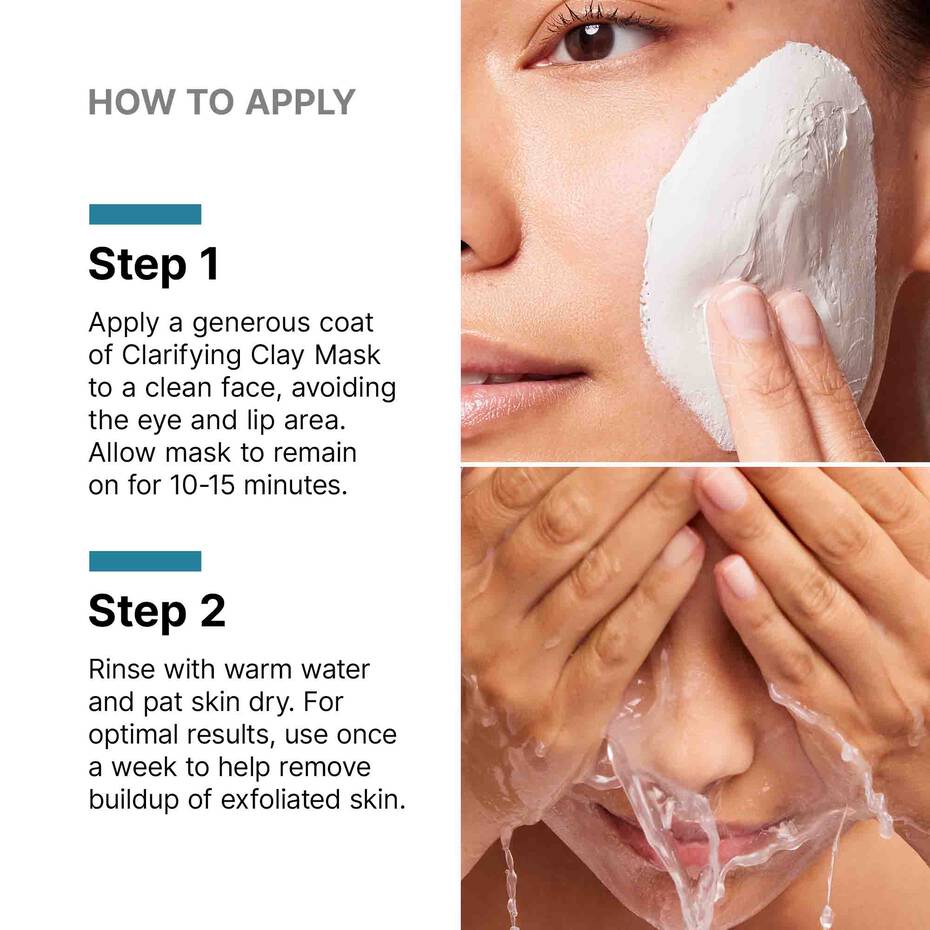 Instructional graphic titled 'HOW TO APPLY' showing steps for using SkinCeuticals Clarifying Clay Masque. The left side has text instructions for Step 1 and Step 2, and the right side shows a close-up of a woman applying a white clay mask to her face and rinsing it with water.