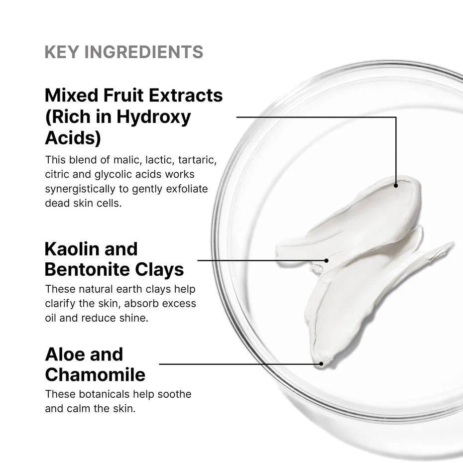 A clean informational graphic with the heading 'KEY INGREDIENTS'  for SkinCeuticals Clarifying Clay Masque and text pointing to a white cream inside a clear round dish. The text lists mixed fruit extracts, kaolin and bentonite clays, and aloe and chamomile with brief descriptions of benefits.