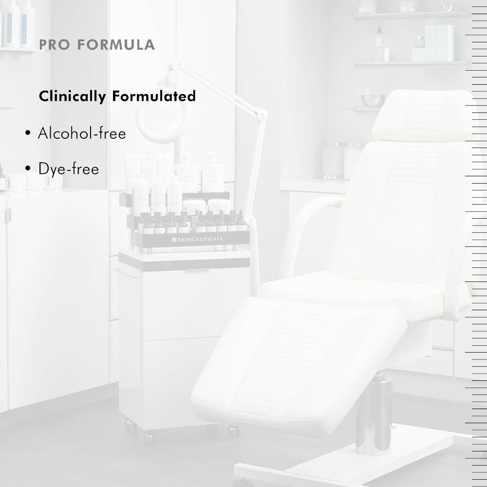White chair with text about a clinically formulated product, alcohol-free and dye-free.