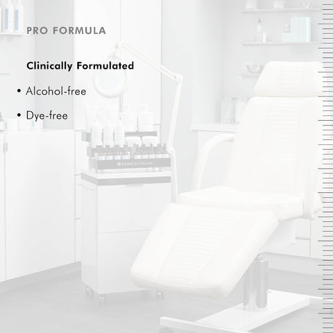 White chair with text about a clinically formulated product, alcohol-free and dye-free.