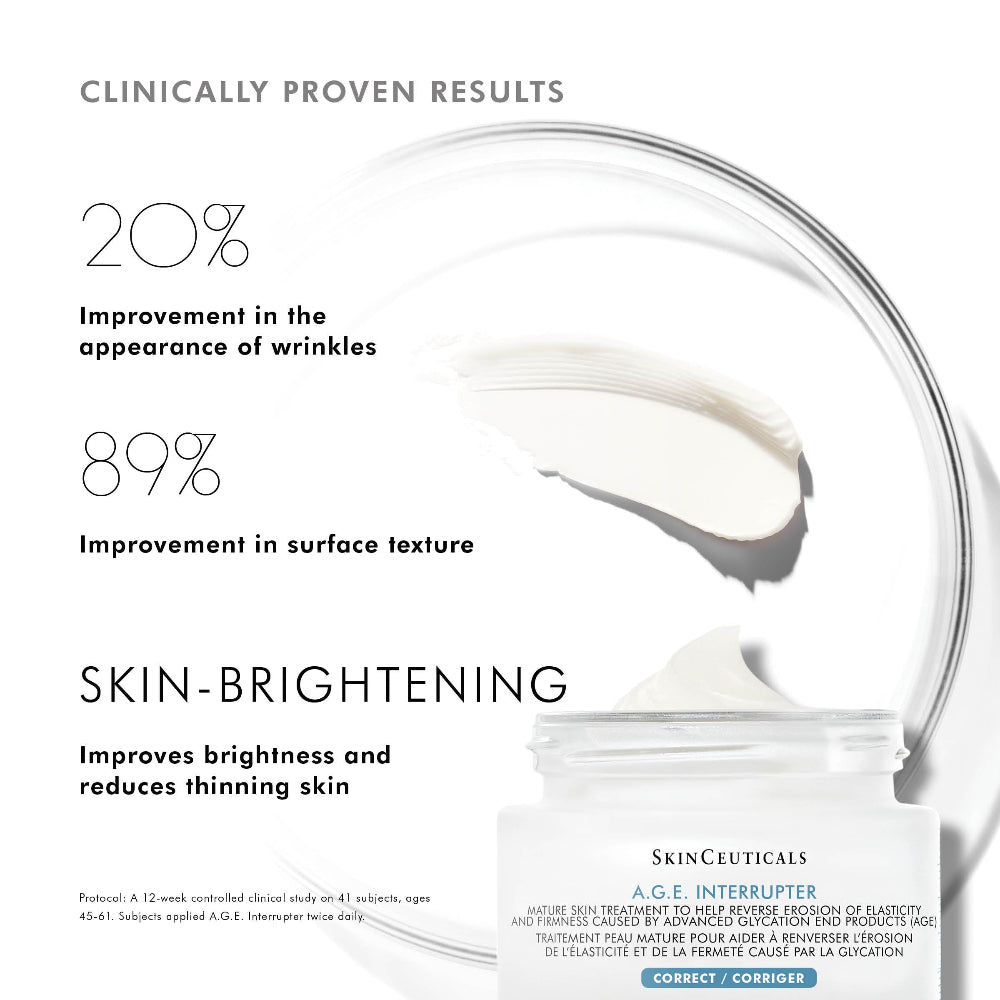 A skincare marketing graphic for SkinCeuticals A.G.E. Interrupter Advanced, featuring a white jar of treatment cream at the bottom right, a large clear makeup brush at the top right, and text claiming clinically proven results including 20% improvement in wrinkle appearance and 89% improvement in surface texture.