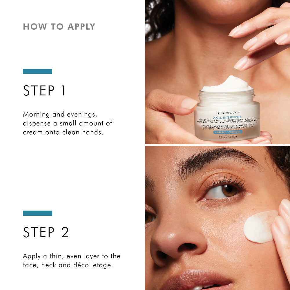 Instructional skincare graphic showing how to apply SkinCeuticals A.G.E. Interrupter Advanced, with text steps on the left and two close-up photos of a woman applying the product on her hands and face on the right. The product jar is visible in the top-right photo.