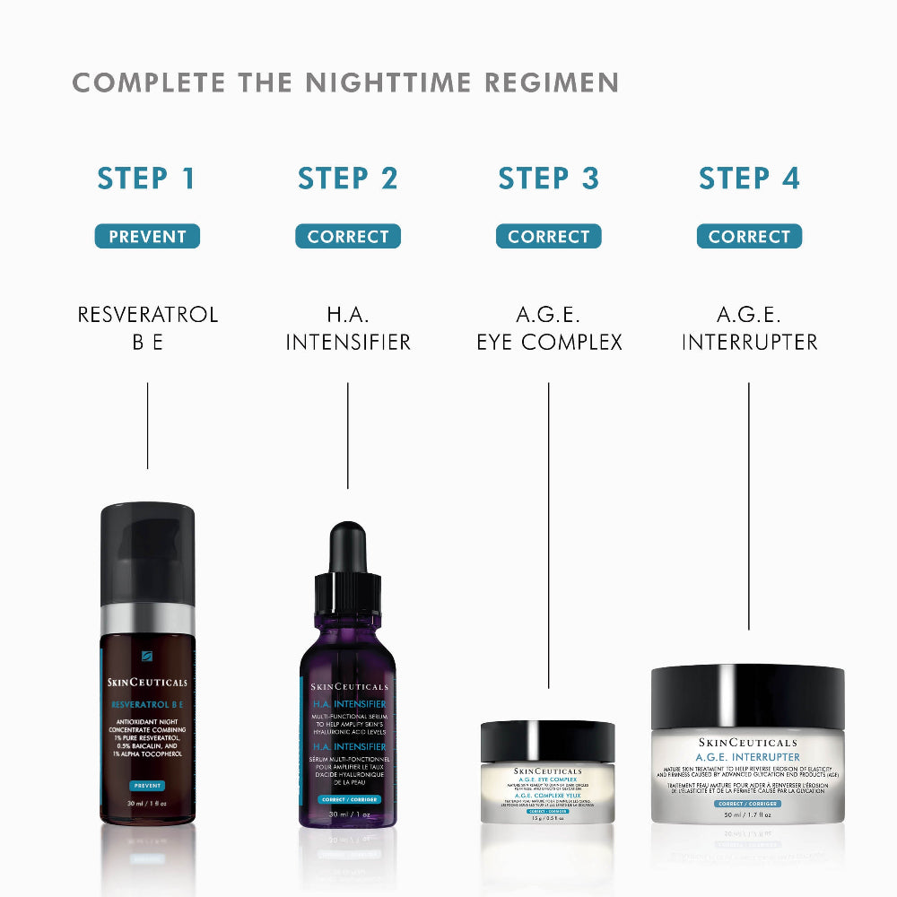 A skincare regimen infographic titled 'COMPLETE THE NIGHTTIME REGIMEN' showing four SkinCeuticals products arranged by step: a dark brown bottle for Step 1 (prevent), a dark purple dropper bottle for Step 2 (correct), a small cream jar for Step 3 (correct), and a silver jar for Step 4 (correct).