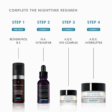 A skincare regimen infographic titled 'COMPLETE THE NIGHTTIME REGIMEN' showing four SkinCeuticals products arranged by step: a dark brown bottle for Step 1 (prevent), a dark purple dropper bottle for Step 2 (correct), a small cream jar for Step 3 (correct), and a silver jar for Step 4 (correct).