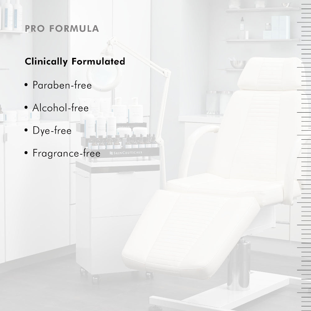 White chair with text highlighting SkinCeuticals Daily Moisture features on a white background