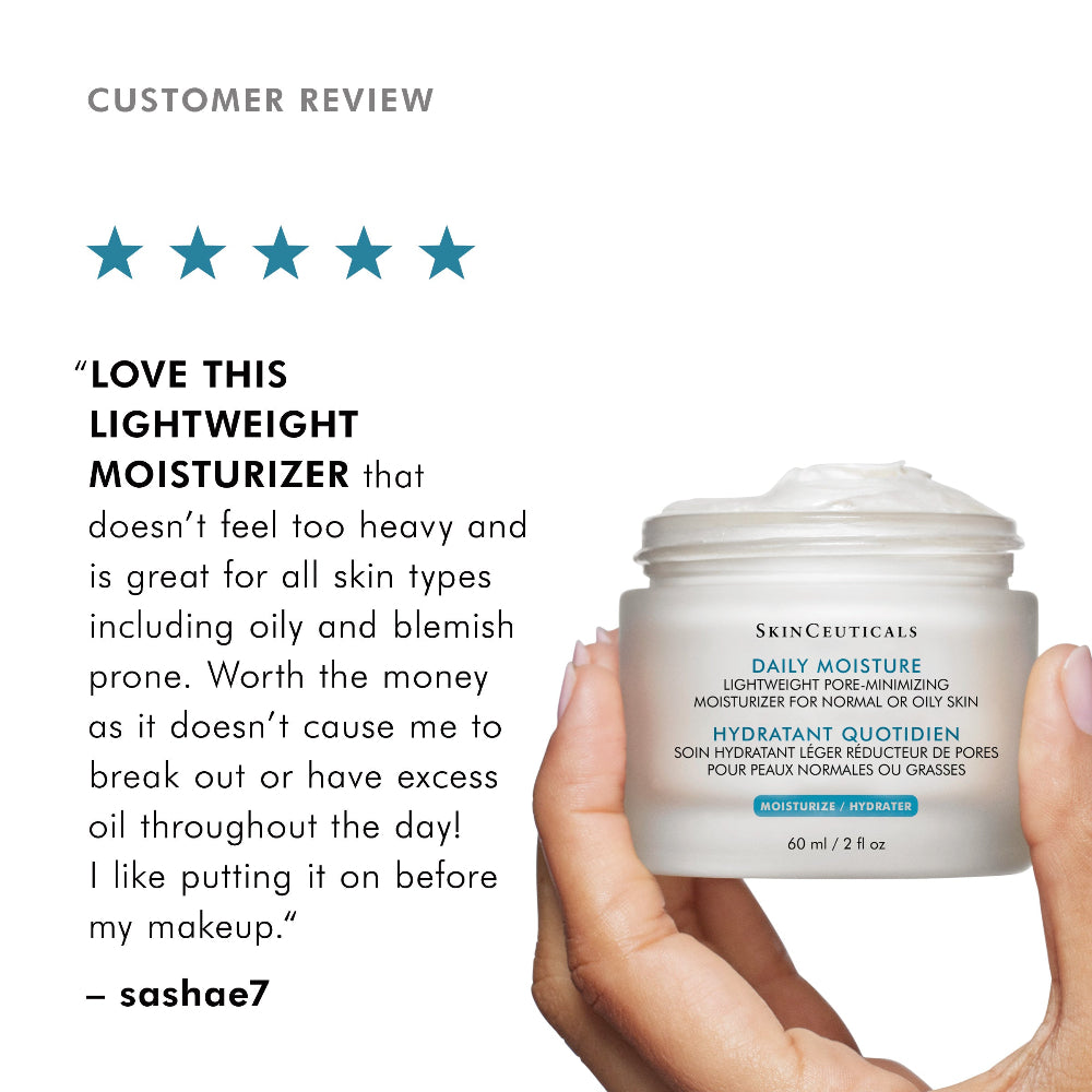SkinCeuticals Daily Moisture jar held by a hand with a five-star rating and customer review text.