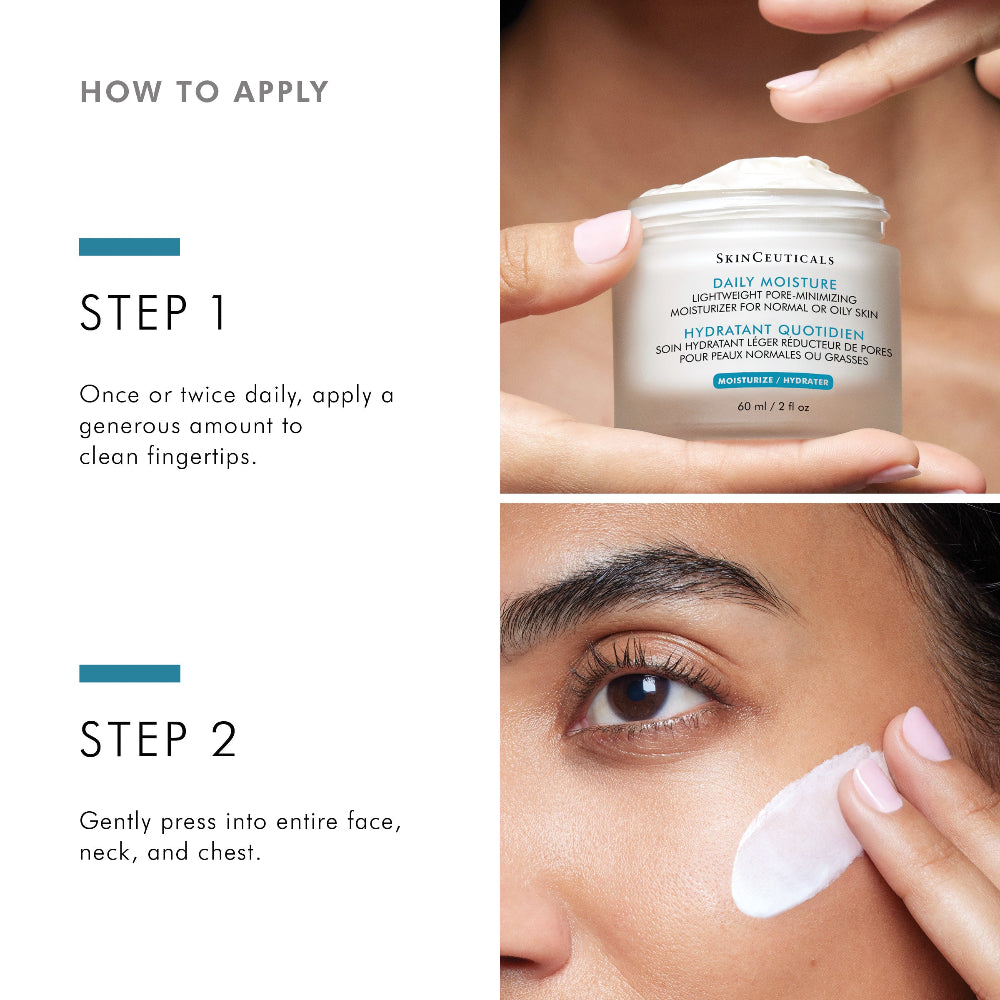 Instructions on how to apply SkinCeuticals Daily Moisture with close-up of product and application.