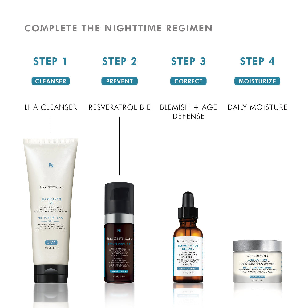 Skincare product lineup with step-by-step regimen on a white background