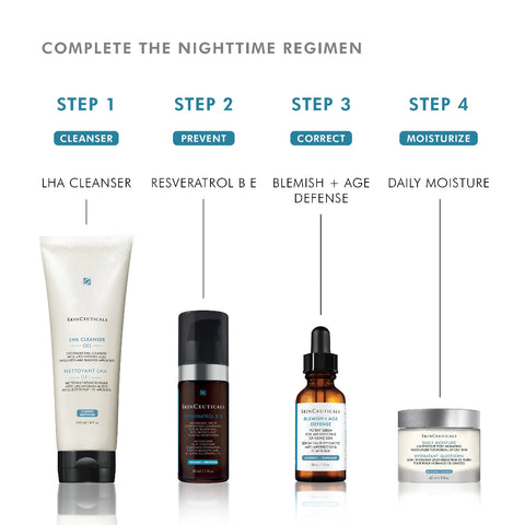 Skincare product lineup with step-by-step regimen on a white background