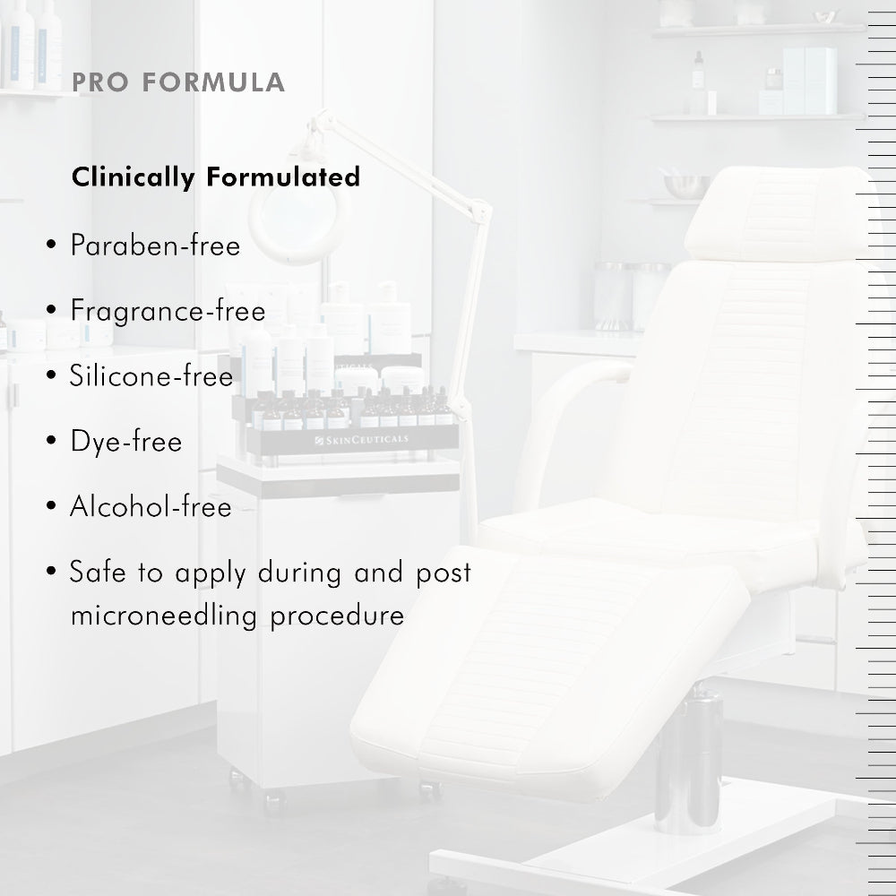 White room with medical equipment and text about SkinCeuticals Hydrating B5 gel features.