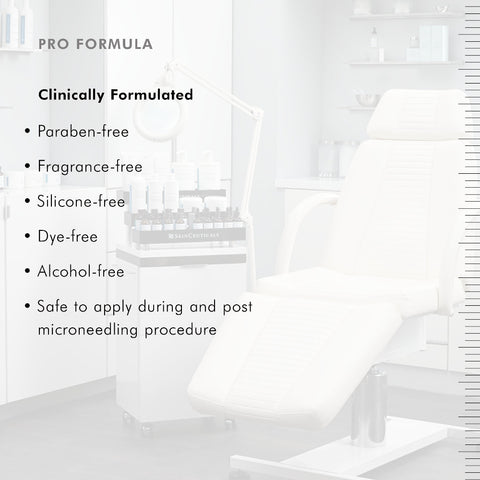 White room with medical equipment and text about SkinCeuticals Hydrating B5 gel features.