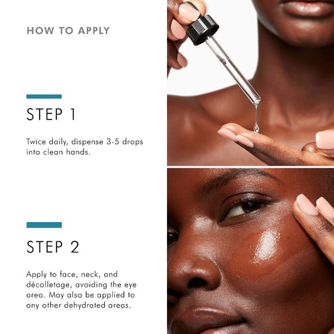 Instructions on how to apply SkinCeuticals Hydrating B5 gel with close-up images of a hand and face.