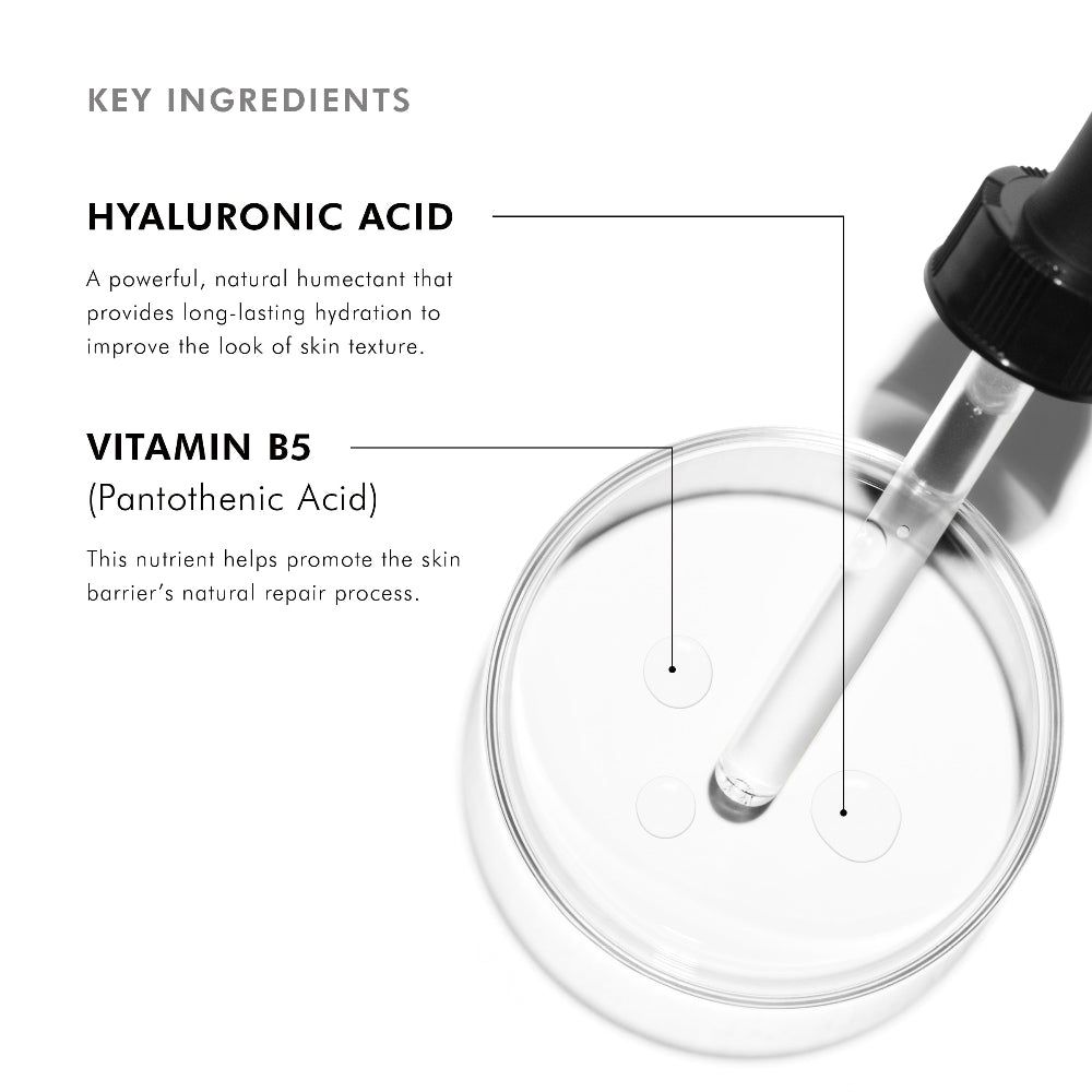 Skin care dropper with key ingredients of SkinCeuticals Hydrating B5 gel labeled on a white background