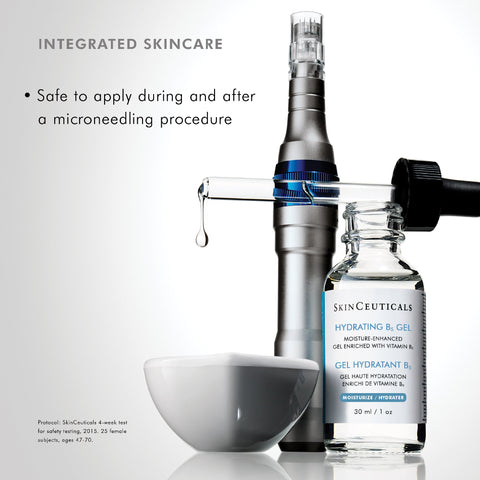 SkinCeuticals Hydrating B5 gel with a dropper and text about microneedling safety.