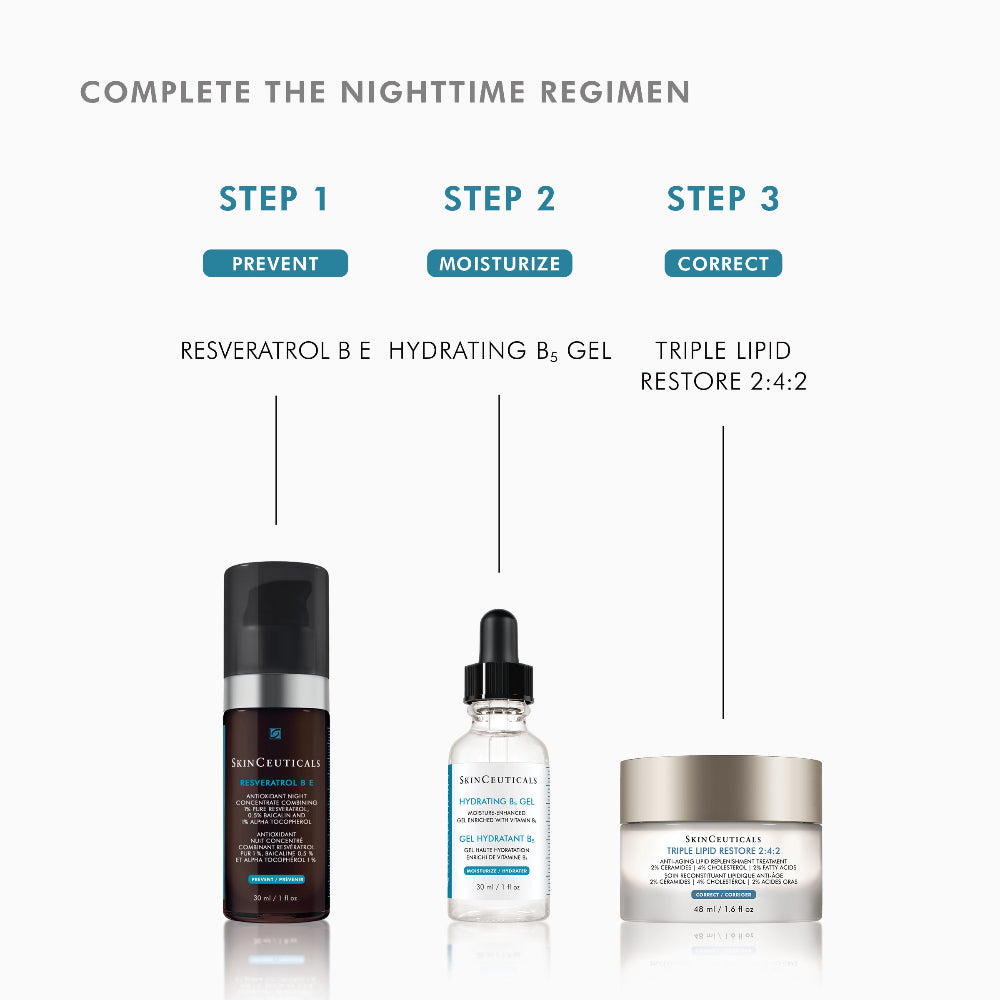 A skincare routine infographic titled 'COMPLETE THE NIGHTTIME REGIMEN' showing three SkinCeuticals  products labeled Step 1, Step 2, and Step 3 with text and arrows pointing to each bottle and jar on a light gray background.