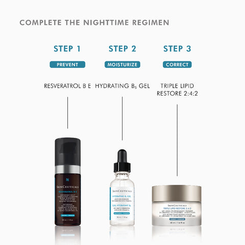 A skincare routine infographic titled 'COMPLETE THE NIGHTTIME REGIMEN' showing three SkinCeuticals  products labeled Step 1, Step 2, and Step 3 with text and arrows pointing to each bottle and jar on a light gray background.