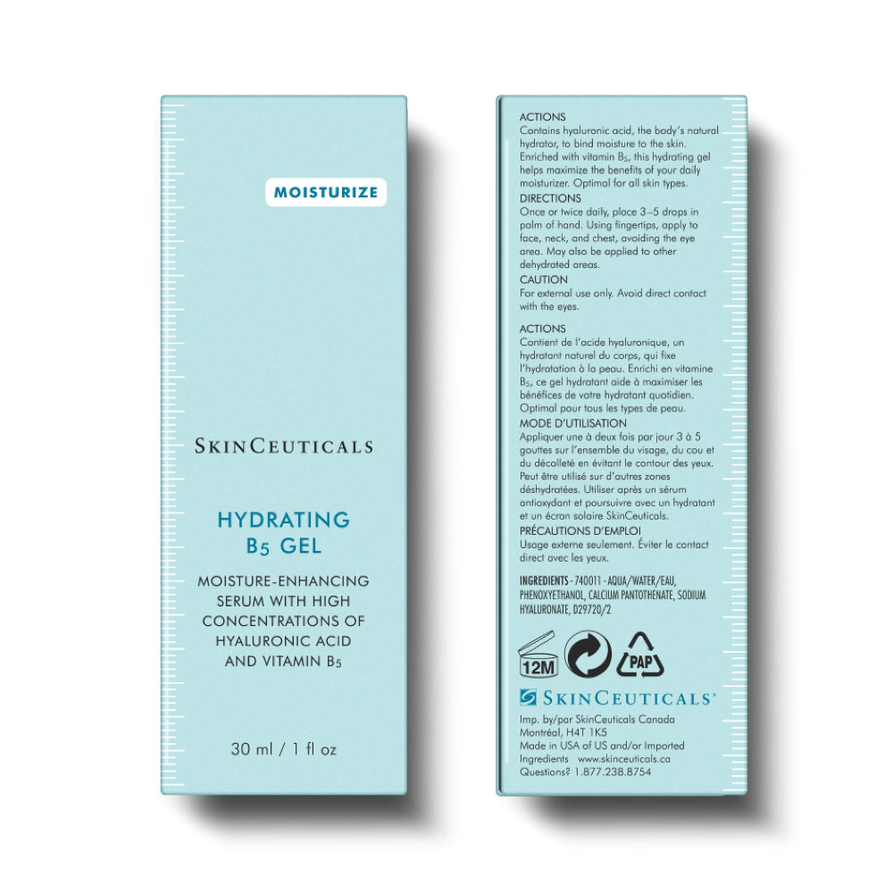 SkinCeuticals Hydrating B5 Gel packaging showing the front and back of the light blue box on a white background.