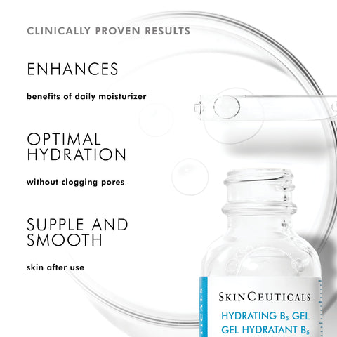 SkinCeuticals Hydrating B5 Gel in a clear glass bottle with a white and blue label, shown on a white background with text highlighting clinically proven results and benefits.