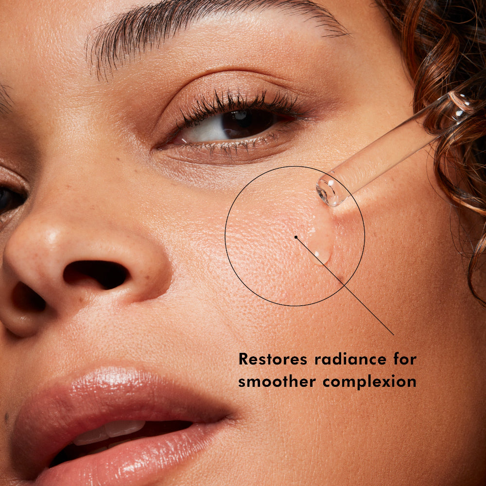 Close-up of a person's face with text indicating skin restoration for a smoother complexion with SkinCeuticals Hydrating B5 gel.