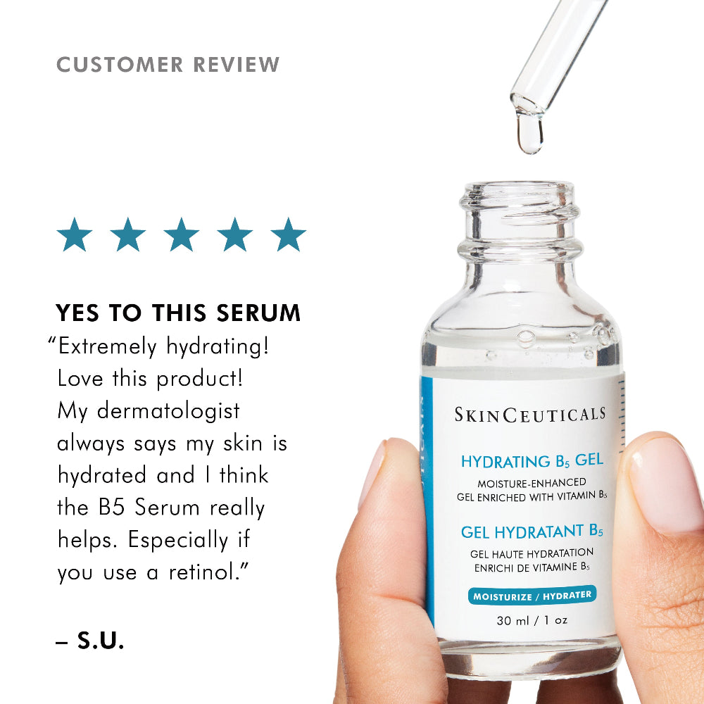A hand holds a small clear glass bottle of SkinCeuticals Hydrating B5 Gel, with a glass dropper above it, on a white background. On the left is a customer review section with a five-star rating and a testimonial quote.