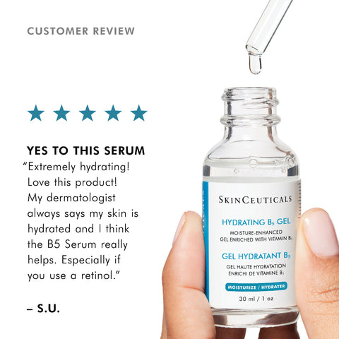 A hand holds a small clear glass bottle of SkinCeuticals Hydrating B5 Gel, with a glass dropper above it, on a white background. On the left is a customer review section with a five-star rating and a testimonial quote.