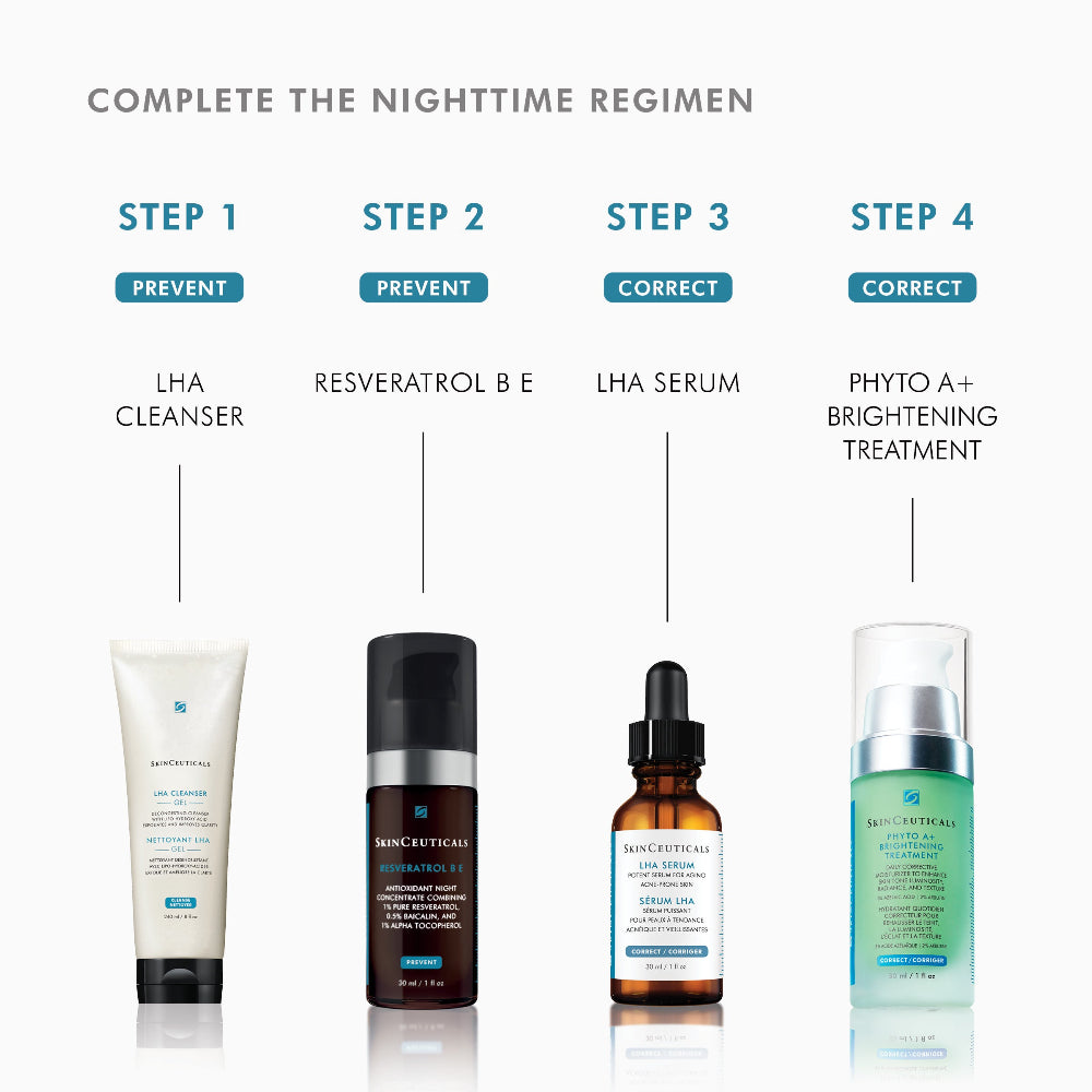 Skincare product lineup with step-by-step regimen on a white background