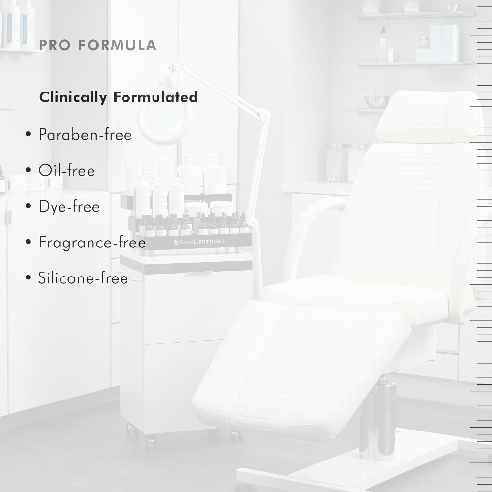 White chair with product display in a clinical setting, featuring text about product formulation.