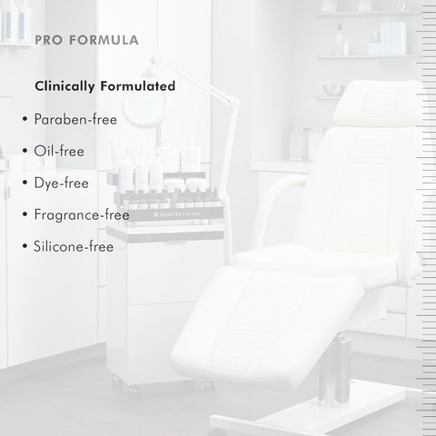 White chair with product display in a clinical setting, featuring text about product formulation.
