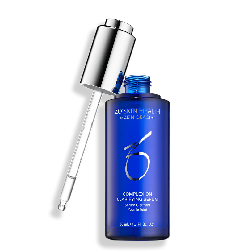 A blue bottle of ZO Skin Health Complexion Clarifying Serum with a dropper applicator 