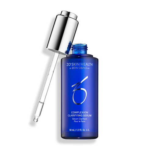 A blue bottle of ZO Skin Health Complexion Clarifying Serum with a dropper applicator 