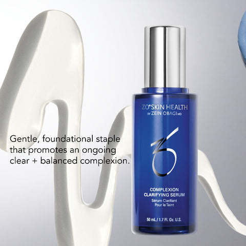 ZO Skin Health Complexion Clarifying Serum in a blue bottle with a silver cap, set against a light gray background with abstract white sculptural elements and product text on the left.
