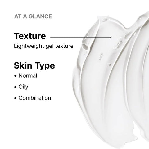 SkinCeuticals Simply Clean cleanser description card with texture and skin type information on a white background