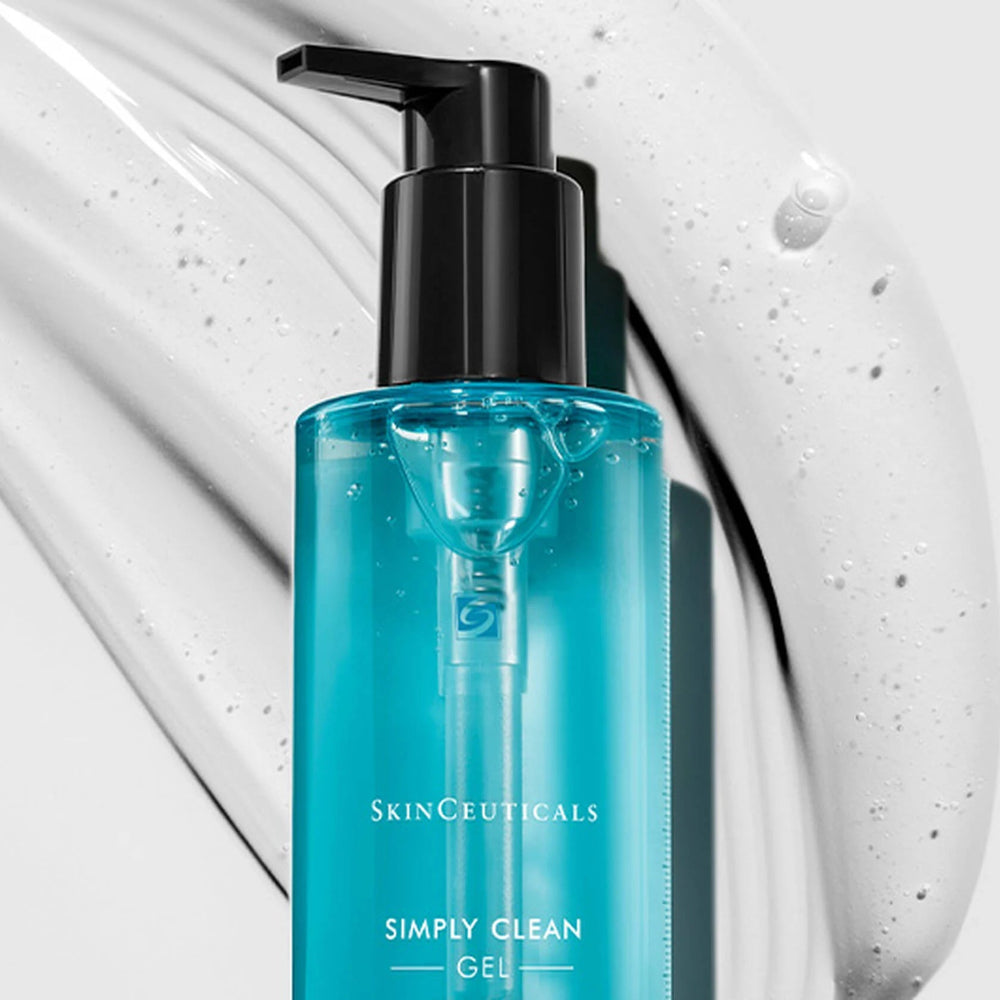 Bottle of SkinCeuticals Simply Clean Gel with a pump on a white background