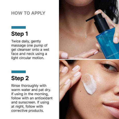 Instructions on how to apply SkinCeuticals Simply Clean cleanser with close-up of product and application on face.