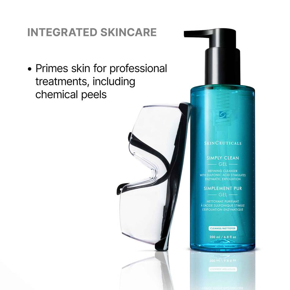 SkinCeuticals Simply Clean cleanser bottle with text about integrated skincare and professional treatments.