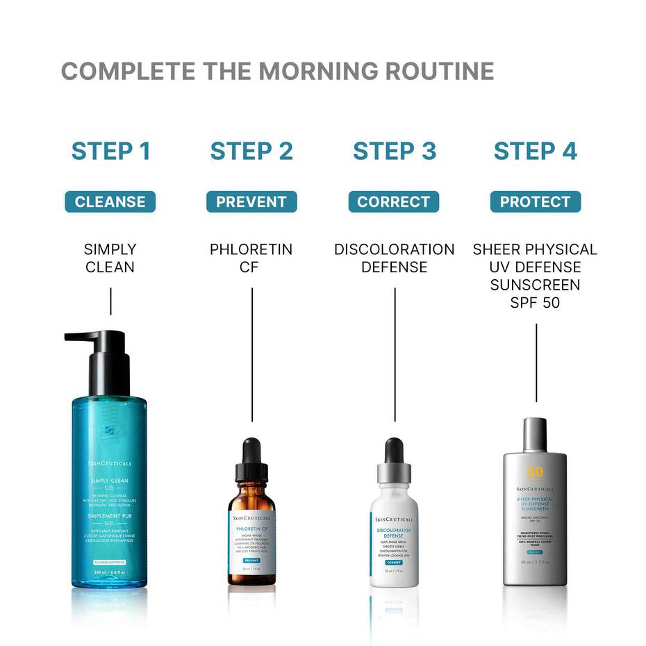 Step-by-step skincare routine with product illustrations including SkinCeuticals Simply Clean cleanser on a white background