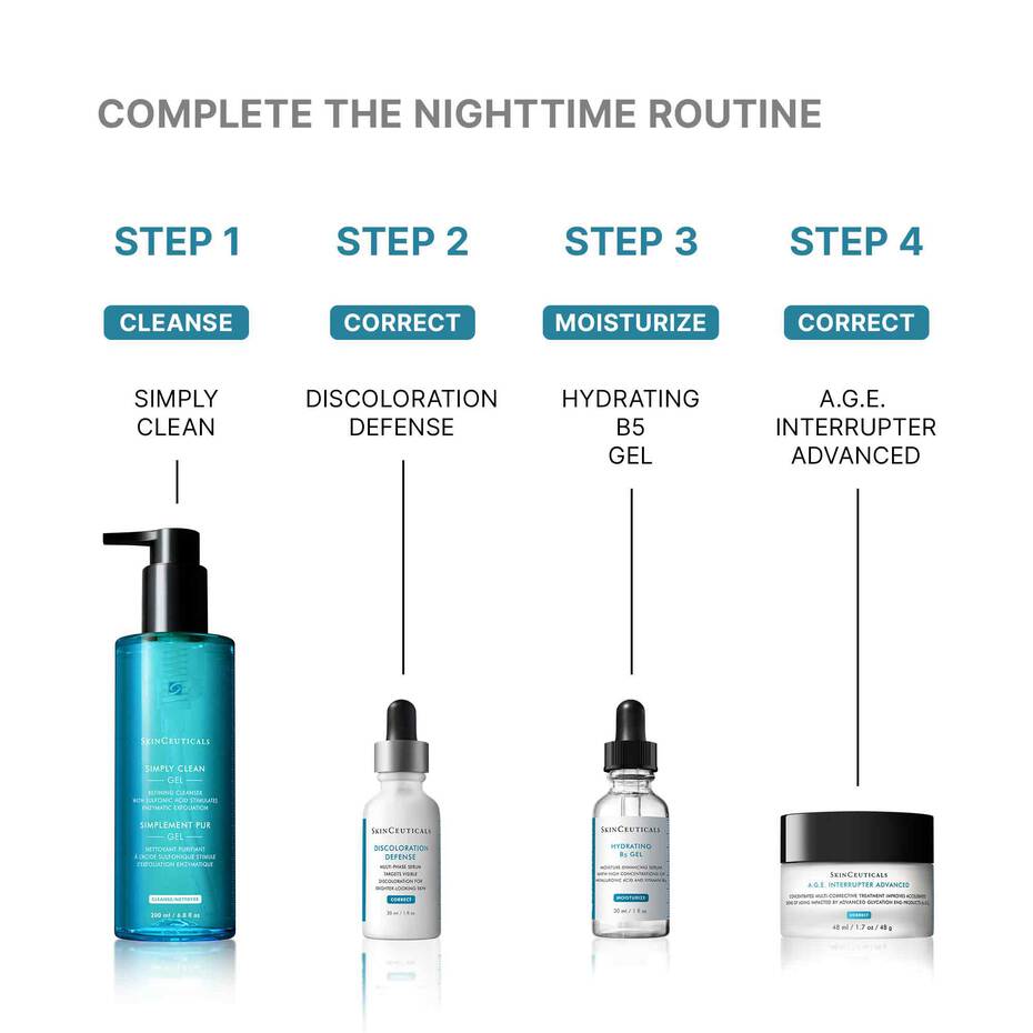 Step-by-step skincare nightime routine diagram with SkinCeuticals products on a white background including SkinCeuticals Simply Clean cleanser.